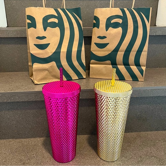 Starbucks 2022 Holiday Edition Sangria & Gold Bling Stud Tumbler Set, Venti, NWT - Picture 3 of 11